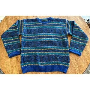 Vintage Hill & Archer 70% Wool Sweater L Blue Geometric Striped Retro Knit